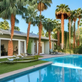 A beautiful colonial style house, placed in palm springs in LA, surrounded by the palm trees and bushes, pool suite style, blue sky and sunshine