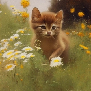 a painting by luigi loir of an brown kitten peeking out of a patch of beautiful flora