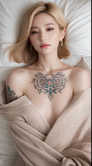 ((Best quality, 8k, Masterpiece :1.3)), Sharp focus :1.2,  Aunt. Aunt. Korea 39years.Angled blonde bob. Jewellery. Earrings .. perfeck body beauty:1.4 Slender ABS:1.2 ((Wrapped in a blanket. Bare shoulders)). �Sleep. Hug affectionately. Wrapped in a blanket ((Sleep on the mattress)). Detailed texture of tattooed skin. Tattooed neck. Tattooed Shoulder. Tattooed hands