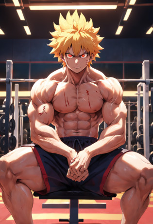 Rengoku Kyojuro in gym clothes training intensely in a bodybuilding gym, buff, looking a viewer, gym, muscle , working out, sitting on the bench