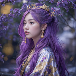 Genki Girl 32K?tmasterpiece?k hd?hyper HD?32K?Long flowing bright purple hair?Autumn Pond?zydink? a color? Asian people ?Genki girl?? ?Silk scarf?? Combat posture? looking at the ground? long whitr hair? Floating bright purple? Fire cloud pattern gold tiara? Chinese long-sleeved gold silk garment? ?Abstract metaverse splash?1.2?? white backgrounid?Lotus vitality protector?realisticlying?1.4??Bright purple hair?Smoke on the road?The background is pure? A high resolution? the detail? RAW photogr? Sharp Re? Nikon D850 Film Stock Photo by Jefferies Lee 4 Kodak Portra 400 Camera F1.6 shots, Rich colors, ultra-realistic vivid textures, Dramatic lighting, Unreal Engine Art Station Trend, cinestir 800?A girl with long flowing bright purple hair