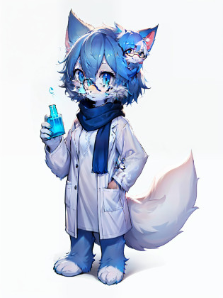 Anime character with arctic fox ears wearing lab coat and blue scarf,Arctic fox with fluffy blue fur and tail,Wear half-rimmed glasses,Arctic fox beauty in lab coat,  Fox scientist, professional furry drawing?female fursona