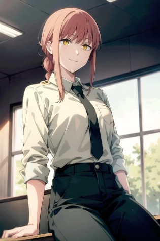 ((masterpiece)), ((best quality)), 1girl, bangs, black_footwear, black_necktie, black_pants, braid, braided_ponytail, breasts, business_suit, collared_shirt, eyebrows_visible_through_hair, formal, light_smile, long_sleeves, looking_at_viewer, makima_\(chainsaw_man\), medium_breasts, medium_hair, necktie, pants, ringed_eyes, shirt, shirt_tucked_in, sitting, smile, solo, suit, yellow_eyes, corneo_makima, <lora:mappaLikeStyle_v12Beta:0. 25>