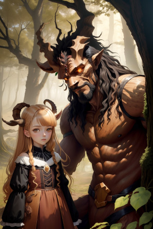 Two meters high, monster, Tree Monster, Monster made of wood, Wooden Monster, humanoid, humanoid, humanoid, The skin is the bark of the tree, The bark of the tree is the skin, Hair is leaves, leaves, Hair;, looks at the viewer, rectangular pupils, Goat pupils, ember, Male Monster Gender
