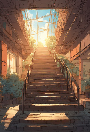 In the style of Makoto Shinkai, superfine illustration, Best Quality, Generate an illustration of a staircase extending towards the sky, characterized by a sense of mystery and fantasy. The staircase should appear as if it leads all the way to heaven. The entire scene should exude a nostalgic and dreamlike ambiance, with the staircase glistening in golden hues against the backdrop of a radiant sky. The combination of the ethereal staircase and the resplendent sky should create an overall atmosphere that is both nostalgic and fantastical.