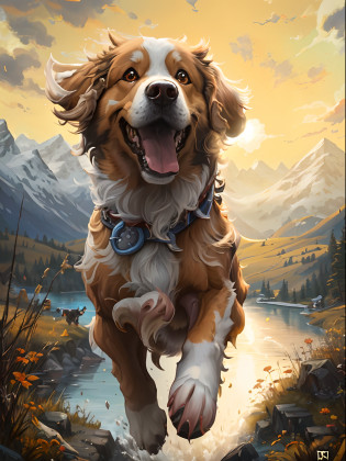 painting of a dog running in the mountains with a lake in the background, adorable digital painting, digital painting highly detailed, ( dog ) jumps from mountain, hearthstone card art, highly detailed digital painting, collectible card art, full art, painting of cute dog, detailed painting 4 k, rob rey, detailed digital painting, hearthstone card game artwork. �, hearthstone card artwork