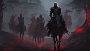 A group of undead knights riding skeleton horses actually walked through the valley towards the audience?Undead?Crusader pitch-black armor?(red�eyes)?Skeleton horses with rotten flesh?fantasy world?medieval times?A dark forest that glows with glows?horror atmosphere?uncanny?High-precision details?HD?8k?lord of the ring