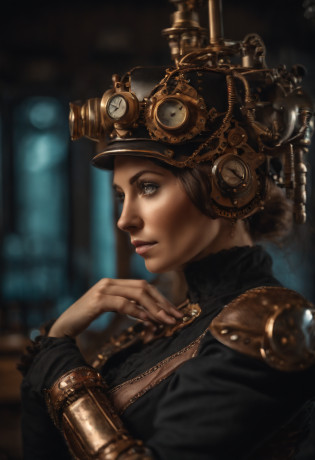 (obra maestra), (La mejor calidad), 8K resolution, 1girll, Belleza impresionante, chica joven, 30 yrs old, Chica steampunk, machine arm, Fondo Steampunk