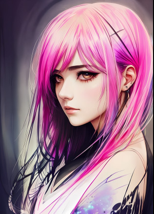 a woman of agnes cecile?Bright design?PastelColors?Ink dripping?autumn lights  ?Bangs?quill?Beautuful Women?Eyebrows are visible?Beautuful Women?Beautie?long lashes?fine portrayal?Precise depiction?Line drawing?A Japanese Lady?Short black hair?The tattoo?piercings?bangle?Fluorescent pink hair stopper