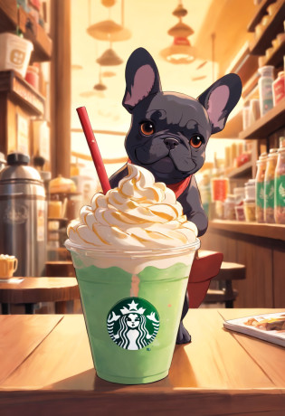Unique, Cartoonish playful French bulldog-shaped cup, Colorful Starbucks-style frappuccino, French Bulldog Logo.