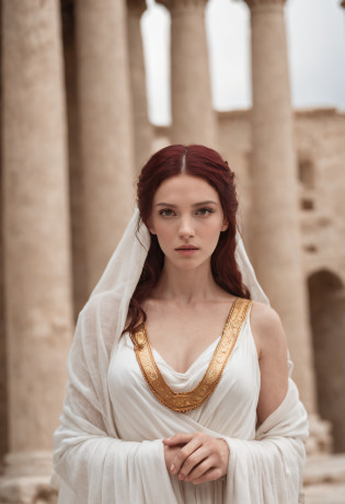 Greek goddess of hearth and fire, with ((dark red hair)) and ((dark red eyes)), is fair-skinned, wears a long white greek toga and a white veil, looks mysterious and beautiful, inside of an ancient greek temple, 