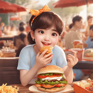 In the center of the face is an animated girl wearing a cute hair ornament,With an innocent smile on his face?She sat in the middle of a pile of snacks,The surroundings are covered with a variety of delicious snacks and desserts,Such as potato chips?Cupcakes?milk tea, etc?The girl holds a large burger in both hands,Open your mouth and gobble it up,There was unabashed appetite and happiness in his eyes?Hamburgers are littered with empty snack packs?The color tone of the picture is bright and warm,The text font is lively and cute?The whole picture is full of innocence and vitality,Convey the passion and joy of food?The pattern stands out 