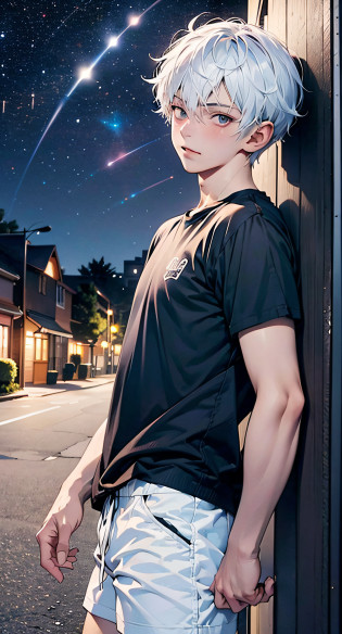 tmasterpiece?A high resolution?ultra�-�detailed?offcial art?Unity8k wallpapers?ultra�-�detailed?Libido boy?exteriors?18yr old?light blue short hair?Short sleeves in white?blue short pants?looking at the stars?paths