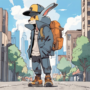 There is a buffalo boy, wearing a hat with two horns on its head, and dressed in clothes. Resembling a new Pok�mon, with a cute style. A ground-type Pok�mon. It stands on two legs and is carrying a gray backpack. It's standing on top of a building, surrounded by a cityscape. Its cute stubborn face is endearing. The dominant color scheme is gray-blue. It belongs to the bread-type Pok�mon category, with Ken Sugimori's art resembling that of Pok�mon, as seen on bulbapedia.