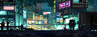 ?tmasterpiece?top Quority?best qualtiy??pix?pixelart?city night scene?The foreground is a balcony, The middle landscape is a high-rise building, The view in the distance is a starry sky?The balcony occupies half of the image?The balcony is a European balcony?The middle exterior protrudes?arc-shaped?Rectangles on both sides?HD,4K