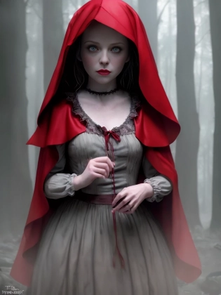 little red riding hood, by tim burton, cinematic lighting, Hyperrealism, 8k uhd, depth of field, photography, unreal engine, octane render, raytracing, CGI, lumen reflections, cgsociety, ultra-realistic, volumetric fog, insanely detailed, intricate