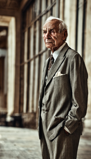 A foto foca no rosto do idoso, capturing the essence of your emotions in a contrasting environment. He is inside a luxury hotel, where opulence and refinement are predominant, But his simple appearance and tired expression stand out. The elderly is portrayed in the foreground, com a maior parte do fundo desfocado, focusing all attention on your face. His expression is one of weariness, com olhos ligeiramente semicerrados, as if he were fighting the weight of accumulated fatigue. The wrinkles that trace your face tell life stories, each line carrying a memory. Ele veste roupas simples, a worn cotton shirt that is a visible contrast to the sophistication of the environment around you. The garment is crumpled, sugerindo que ele viajou ou passou por alguma jornada antes de chegar ao hotel. The soft lighting enhances the texture of your skin and emphasizes the wrinkles and furrows that testify to the years that have passed. Seu olhar parece distante, as if contemplating the stories of his life that brought him to this moment. The blurry background is a mix of neutral tones and luxurious touches, such as details of tapestries and elegant furniture. No entanto, These elements do not steal the attention of the elderly person's face; They serve only as a soft backdrop that underscores the story he carries with him. The image captures a moment of contrast and reflection, where the elderly find themselves in an environment that is a palpable representation of the passage of time and the different layers of life. The expression of weariness conveys the journey lived, while its presence in the luxury hotel evokes the diversity of human experiences.