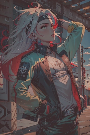 (masterpiece, best illustration, extreme light and shadow), 1boy, solo, (male focus:. 7), transgender male, red hair, white hair, green eyes, two tone hair, jacket, green jacket, gloves, green eyes, white hair, headband, bodysuit, yellow gloves, yellow bodysuit, multicolored hair, black headband, looking up, multicolored clothes, hair behind ear, long hair, green bodysuit, looking at viewer, open jacket, yellow jacket, arm up, multicolored bodysuit, goth eye liner, wristband, emo punk style, (punk:1. 5), jewelry, depth of field, tattoos, minneapolis, (superhero:. 4), (rogue of the x-men:1. 2), wind swept hair, (seductive), (sidelighting), (volumetric lighting), xdusky1