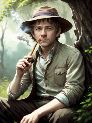 Martin Freeman as Bilbo Baggins, sits under a tree, ((smoking a pipe and blowing smoke)), (clouds of tobacco smoke)
wearing shorts, hobbit
hobbit of the Shire, bare feet, hairy fur legs
High detail RAW color art, animation
Atey Ghailan, by Jeremy Mann, Greg Manchess, Antonio Moro, trending on ArtStation, trending on CGSociety, Intricate, High Detail, Sharp focus, dramatic, photorealistic painting art by midjourney and greg rutkowski, bokeh on background