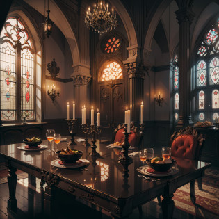 better quality, detailded,8k, obra de arte, Interior Gothic castle, Lounge, Dining table, Shiny,, imposing, Gray stone, detailded, Dark wood floors, Sun sunset, Through the window I could see the sunset sun, Imposing pointed windows, Gothic architecture, Large dark wood dining table, Banquet for two, Two dishes on the table, Medieval woodwoods, candlelit, House of Vampires, Elegant chandelier, dark color theme, Wall art, The camera is far away, Wide field of view, Cinematic feel, cold lighting, Grey stone walls from the Middle Ages, Arte, Varied meals, liquor, long table, palace