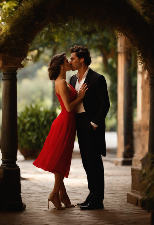 (A romantic and passionate kissing scene from the movie),(La mejor calidad, Kinematic, The best lighting and shade),(Primer plano, Primer plano extremo),(1girl and 1boy),(Cabello largo:1.2+traje),(red lipstik:1.4+cabello negro), Romantic music, fondo borroso