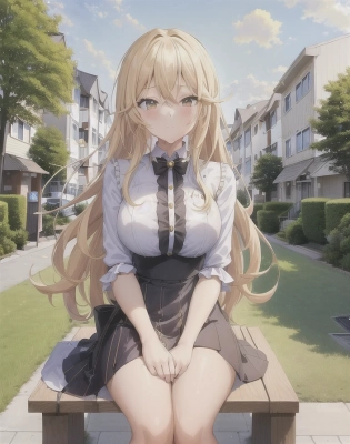 1girl, perfect anime illustration, happy, closeup, painting, long blonde hair, balayage, dynamic layers, best girl hair, pretty woman sitting on a bench, suburban area, outdoors, 1:00 pm, bright sun, cloudy sky, houses, apartments, hilly area, casual outfit, road, playgrounds, cute, aesthetic. (best quality:1. 2), animated lighting, octane render, bright mood, walking alone, fashion, anime, masterpiece, trending, detailed fanart, waist up portrait, anime faces, dynamic pose