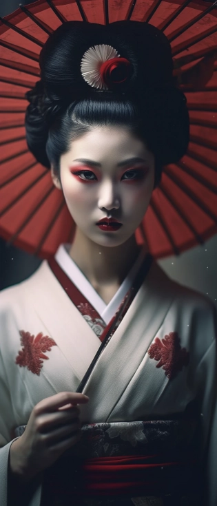 japanesian geisha beautiful image wallpaper, in the style of joel robison, light white and dark crimson, samyang af 14mm f/2. 8 rf, classical figurative realism, 500�1000 ce, sculpted, anime-influenced --ar 9:21 --quality 2 --s 750 --v 5. 1