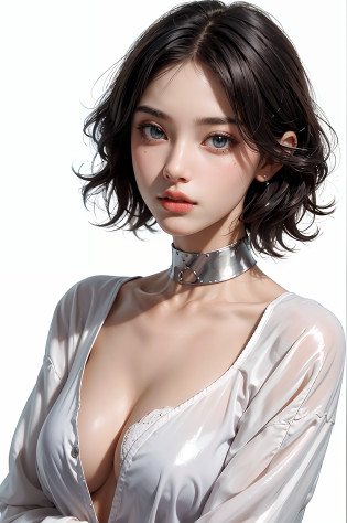 Top Quality, White Skin, Real Human Skin, (Detailed), Oval Face, Pore, Ultra High Resolution, (8k, RAW Photography, Photorealistic: 1.4), One Woman, Slim, (Gentle and Goddess-like Eyes) Happiness: 1.2), (Lip Gloss, Eyelashes, Distinct Double, Clear Eyes, Gloss Face, Best Quality, Ultra High Definition, Wide Lighting, Natural Shading) , Oversized Jacket, Fashion Shirt, White Background, Light Background, Big Breasts, Gloss on Chest, Gloss on Face, Gloss on Skin, Glossy Skin, Fresh Breeze, Straight Hair, Short Bob Hair, Long Neck, Choker
