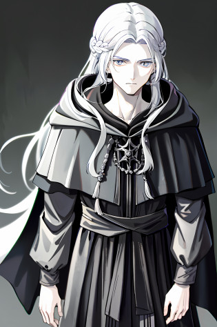 anime - style image of a man dressed in a black cloak and cape, white haired deity, beautiful male god of death, white haired, he has dark grey hairs, with long white hair, wearing dark robe, with white long hair, noble elf male in black robes, in a cloak with long hairs, tall anime guy with blue eyes, wearing in black cloak