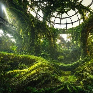 photograph of inside a retrofuturistic and steampunk domed utopia city, overgrown with thick vines, lush vegetation, god rays shining through broken dome, highly detailed, sharp focus, dynamic lightning --no blur --no blurry --v 4