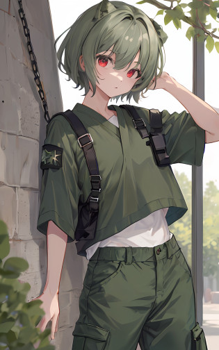 ?masterpiece,???1?,Soio,Behold,symple background,short-hair,Green shirt,Blue Pants,red�eyes, Dark green oversized top?,((Gray cargo pants))