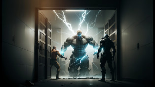 two men are standing in a dark room with a large monster, still from marvel movie, clear eyes concept art, epic scene of zeus, promotional images, concept art for movie, still frame from a movie, movie still of cyborg, screenshot from a movie, still from better call saul, movie concept art, movie screenshot, film concept art, still from a movie --auto --s2