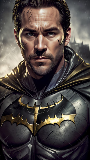 batman in a black cape with a gold batman logo on it, portrait of batman, batman portrait, ryan reynolds as batman, portrait batman ancient biblical, henry cavill as batman, the batman, portrait shot, jason statham as batman, textless, ryan renolds as batman, superhero portrait, batman, film still of batman, fan art, from movie batman