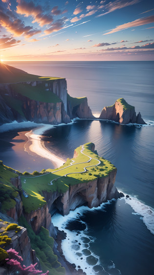 there is a man sitting on a cliff overlooking the ocean, max rive, ocean cliff view, breathtaking scenery, by Alexander Kucharsky, by Etienne Delessert, alexey egorov, breathtaking landscape, epic matte painting of an island, epic scenic shot, epic and stunning, cliffside ocean scene, amazing landscape in background, breathtaking shot, amazing landscape --auto --s2