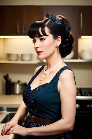 Professional Full Body Photo, Full Shot, of gothic woman(beautiful 1950s housewife), (wearing vintage 1950s polkadot blue a-line dress), (aroused:1. 5), standing, (in kitchen of 1950s American house), pinup, small breasts, perfect hands, (detailed facial features), (detailed skin, supple skin pores), long black hair with bangs in ponytail, large pearl necklace, (portrait), [smoke], [haze], natural lighting, shallow depth of field, photographed on a Canon EOS-1D X Mark III, 50mm lens, F/2. 8, (intricately detailed, hyperdetailed), ((RAW color)), sharp focus, HDR, 4k resolution, Cinematic film still from Mad Men