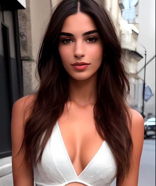 a close up of a woman with long hair wearing a white top, emily ratajkowski, julia sarda, jaw dropping beauty, portrait emily ratajkowski, sexy lips :5 stylish, beautiful model, jaw-dropping beauty, dua lipa, 30-year-old french woman, christina kritkou, beautiful female model, italian looking emma, beautiful model girl,  cute face, smiling, moody lighting, cinematic,