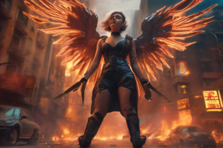 A 4K retrofuturist cyberpunk and epic digital painting with dramatic warm and cool lighting of an evil fallen female angel-cyborg hybrid flying decisively with massive fiery wings in motion over neon lit streets engulfed in flames and crumbling buildings, people running scared below, amid swirls of smoke and embers, using dynamic focus, picado and medium shot composition.