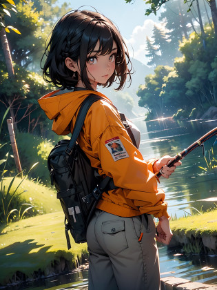 ?masterpiece, top-quality, The ultra -The high-definition, Top resolution, ighly detailed, profetional lighting, Orange Light Lighting?Back lighting?Valley?Woman fishing in big river?Beautiful and big river?Flow of flowing water?Petricular muscle?musgo?the woods?mont?Blue sky?Flowing clouds?steam?myst?Full Body Pose?Girl blends into the landscape?Beautuful Women, a small face?de pele branca?a very cute, 17 age?(A detailed eye?Bright pupils?Gradient Eyes:1?finely detailed beautiful eye:1?Symmetrical eyes:1?big highlight on eyes:1.2)?detailed hairs?Brown eyes)?breasts are medium in size?(Black-brown hair?Short hair?Short?Braiding)?(1 fishing rod?Holding a fishing rod in your hand?Fishing lure rod?Fly Rod?Fishing Reels?with long sleeve hood?Outdoor Jacket?parka?Waders?Long pants for fishing?For camping?Sports Backpack)?thin and long legs?Beautiful hip line?Beautiful spine?constricted back?Toned waist?The face is a little red, beutiful breast?Breast is an A cup?long hair split edges) ?(Round face: 1.4)?(Fine fingers?Ratio 4 fingers and 1 thumb?detailed arms?detailed human hands)?Gentle smile?shiny lip?(1 fishing rod?Straight stretch fishing rod?Long fishing rod?Woman fishing with fishing rod in hand)