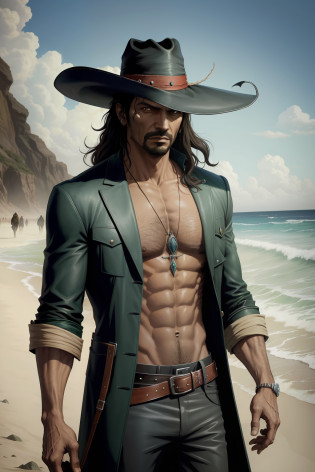 pintura de um homem caminhando na praia, olhos abertos, olhos verdes esmeralda, olhos detalhados Escuro, o realista Solomon Kane, as a solomon kane, portrait of a bloodborne hunter, Tim Bradstreet, Arte Sangrenta, oeste estranho, Jess� McCree, Directed by: Hiroyuki Tajima, terras mortas, Pistoleiro, Fazer software, Directed by: Yoshihiko Wada, Leiji Matsumoto, Estilo de arte Red Dead Redemption