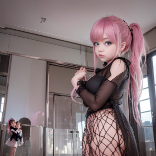 Floor-to-ceiling windows in the living room on the 180th floor of the Shanghai Tower door?Two little girls in openwork translucent stockings holding toys?Pout?Pink double-tailed hair and cyan eyes?Anime little girl in servant costume