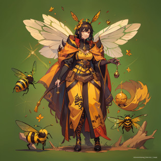 A bee woman A villain for RPG inspired by a bee A woman with the colors and elements, including wings of a wasp bee A villain who represents the essence of a bee She is in a hive with lots of magic and honey illustrating the image He wears glasses that symbolize the eyes of bees Colors of bees An art for RPG A character for RPG A villain Medieval RPG RPG Art RPG fantasy RPG an illustration for RPG a digital art