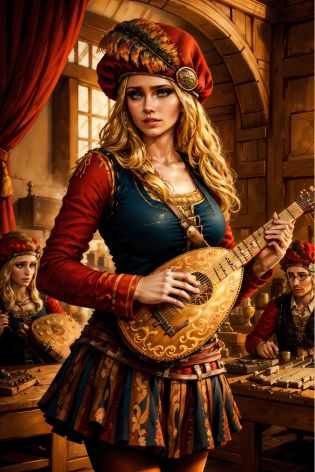 (masterpiece, top quality, best quality, official art, detailed:1.2), <lora:priscilla-20:0.7>, priscillaW3, 1girl, solo, long hair, red skirt, blonde hair, long sleeves, red hat, holding, looking to the side, instrument, realistic, music, playing instrument, holding instrument