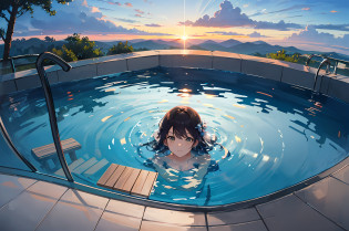 ((There is a woman)), (((swimming lying on her back:1.2))), (((top-down view:1.5))), ((distant view)),infinity pool mirrors, infinity pool, infinity concentric pool, epic and stunning, Mountain Dew in the background, heaven in the top, sitting on a reflective pool, heaven on earth, sitting in a reflective pool, in a luxurious pool, stunning view, sit on the edge of swimming pool, sunrise