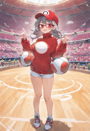 Grinning face,Baseball Cap,Red Baseball Cap.Thrust your right hand forward,white short pants,The field is an urban area,Turtleneck knitwear,Red glasses,Hi-Res, 1womanl,Pose with your right arm stretched forward, ??,Holding a Pok� Ball in Your Hands, grey  eyes, white  hair, Red glasses,Red Baseball Cap, Red knitted turtleneck with long sleeves, White shorts, a belt, stadio, deph of field, Bad face, Stick out the arm holding the pok� ball, put hands on the hip,