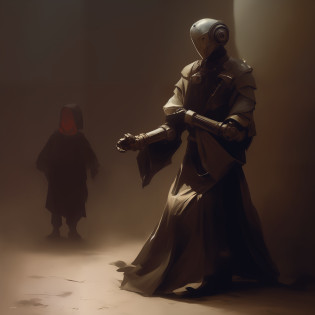 there is an old robo in tunic leaning against a wall in the background a walking child,android robo, humanoid, low lighting, Renaissance art, Craig Mullins dark key, by Craig Mullins, craig mullins dappled lighting, craig mullins nekro, inspired by Brian Despain, inspired by Igor Kieryluk, photorealistic dark concept art, ray swanland, stefan koidl inspired, amazing concept painting,  oil painting, Renaissance art, contrast between light and shadow