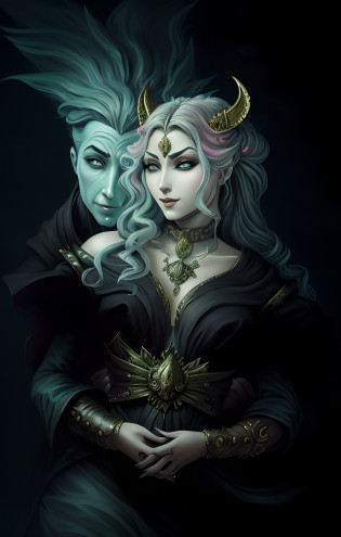 a painting of a woman and a man dressed in costumes, digital 2d fantasy art, fantasy art portrait, fantasy art style, dark fantasy style art, detailed matte fantasy portrait, detailed digital 2d fantasy art, fantasy style art, in style of dark fantasy art, 4k fantasy art, fantasy portrait art, detailed fantasy digital art, fantasy digital art, fantasy portrait