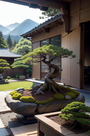 In your own open-air yard, In the yard, There are black pine bonsai, Rhododendron bonsai, Red leaf bonsai, The owner of the yard is pruning the bonsai, Bonsai should have a close-up, Mountains and streams across the yard, And the resulting picture should be authentic?Close to life Characters to be pruned bonsai