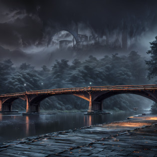 computer accuracy, 1: 2, 8kk, volumetric, Extensive ultra photography (general view, bridge 1: 5, Large-scale, realistic fantasy, ultra-detailed, three-dimensional, detailed clarity, general view, detailed gloomy, large beer barrel, bridge arch, realistic fantasy, detailed, 1:5, 4kk, three-dimensional picture, fire, fog, rain, river, night, darkness, effective, In the foreground is a large beer barrel, a bridge arch, gray, marsh colors (ultradetailed), under the bridge there is a shore,  steps, cobwebs under the pavement, large wooden barrel (1:2), made of wood (ultradetail), bridge arch, stones, river, dark, gloomy colors, horror, magic(best quality), 4k, ultra detailed, (dynamic composition: 1.4), highly detailed, colorful details, (gloomy colors: 1.2), (luminous lighting, atmospheric lighting), cold, gloomy, magical