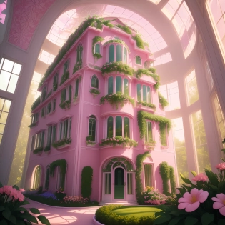 Architectural photo of a maximalist pink solar green house with lots of flowers and plants, golden light, hyperrealistic surrealism, award winning masterpiece with incredible details, epic stunning pink surrounding and round corners, big windows, art space , green house walls and celling