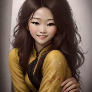 Surrealist portraits of women by David Hockney and Alphonse Mucha?Fantasyart?photographrealistic??????art  stations?poster for?Volumetriclighting?Very detailed faces?4 k''?Award-Awarded??1girll?in the darkness nigth?deep shading?low tune?self-assured?Yellow people?brunette color hair?Junior year of high school?and love to laugh?Cheongsam beauty?Shy?Redness on the face?on cheongsam?Kneeling pose